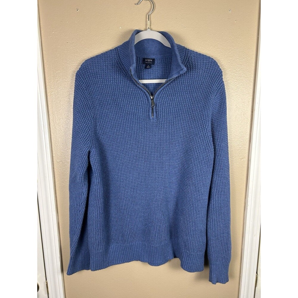 J Crew Quarter Zip Pullover Cotton Sweater Men’s Blue Waffle Knit Size L Preppy